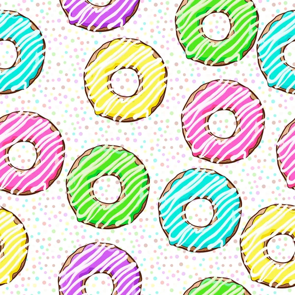 Donuts auf abstraktem Hintergrund. nahtloses Muster mit Punkten und Donuts — Stockvektor