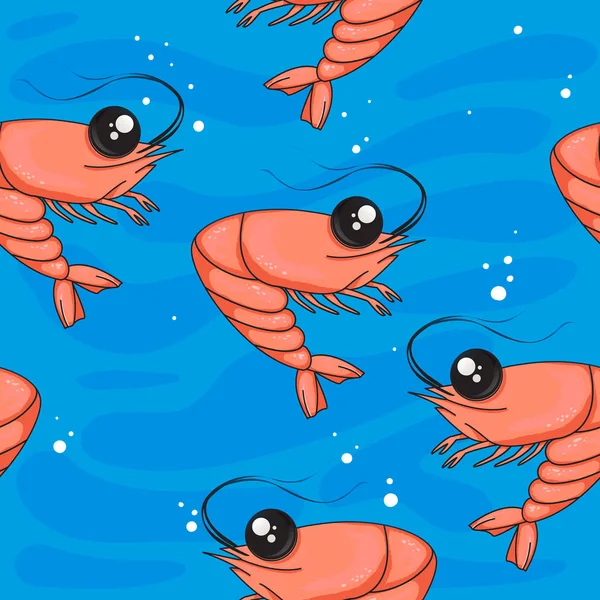 Patrón sin costuras con camarones de dibujos animados. camarones en el fondo del mar . — Vector de stock