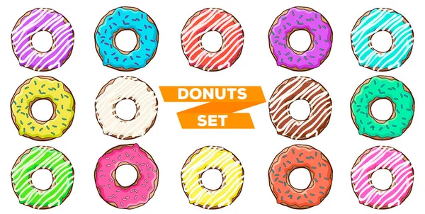 Spenden-Set. Donuts mit farbiger Glasur. leckeres Set — Stockvektor