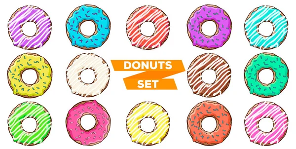 Conjunto de donaciones. rosquillas con esmalte de color. delicioso conjunto — Vector de stock