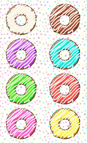 Spenden-Set. Donuts mit farbiger Glasur. Donuts auf abstraktem Hintergrund — Stockvektor
