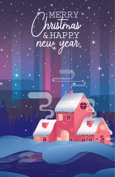 Merry Christmas postcard.Merry christmas card with house. Happy new year.