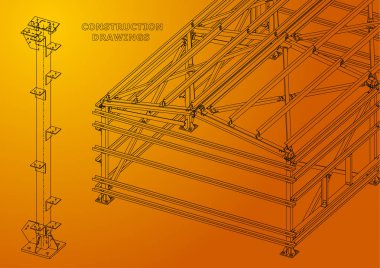 Bina. Metal konstrüksiyon. Hacimsel yapıları. 3D tasarım. Soyut kapak, afiş. Turuncu