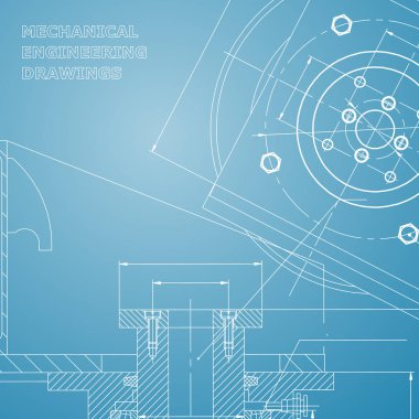 Mekanik. Teknik tasarım. Mühendislik tarzı. Mekanik alet yapma. Kapak, el ilanı. Mavi ve beyaz