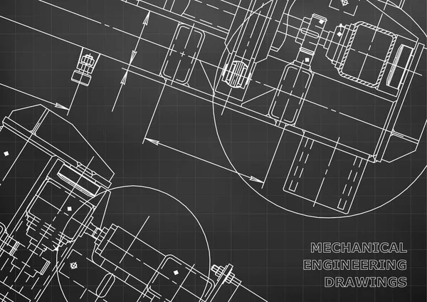 Maschinenbau Zeichnung Blaupausen Mechanik Cover Hintergrund Schwarz Raster — Stockvektor