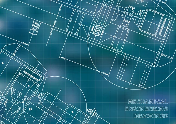 Dibujo Ingeniería Mecánica Planos Mecánica Cubierta Fondo Azul Rejilla — Vector de stock