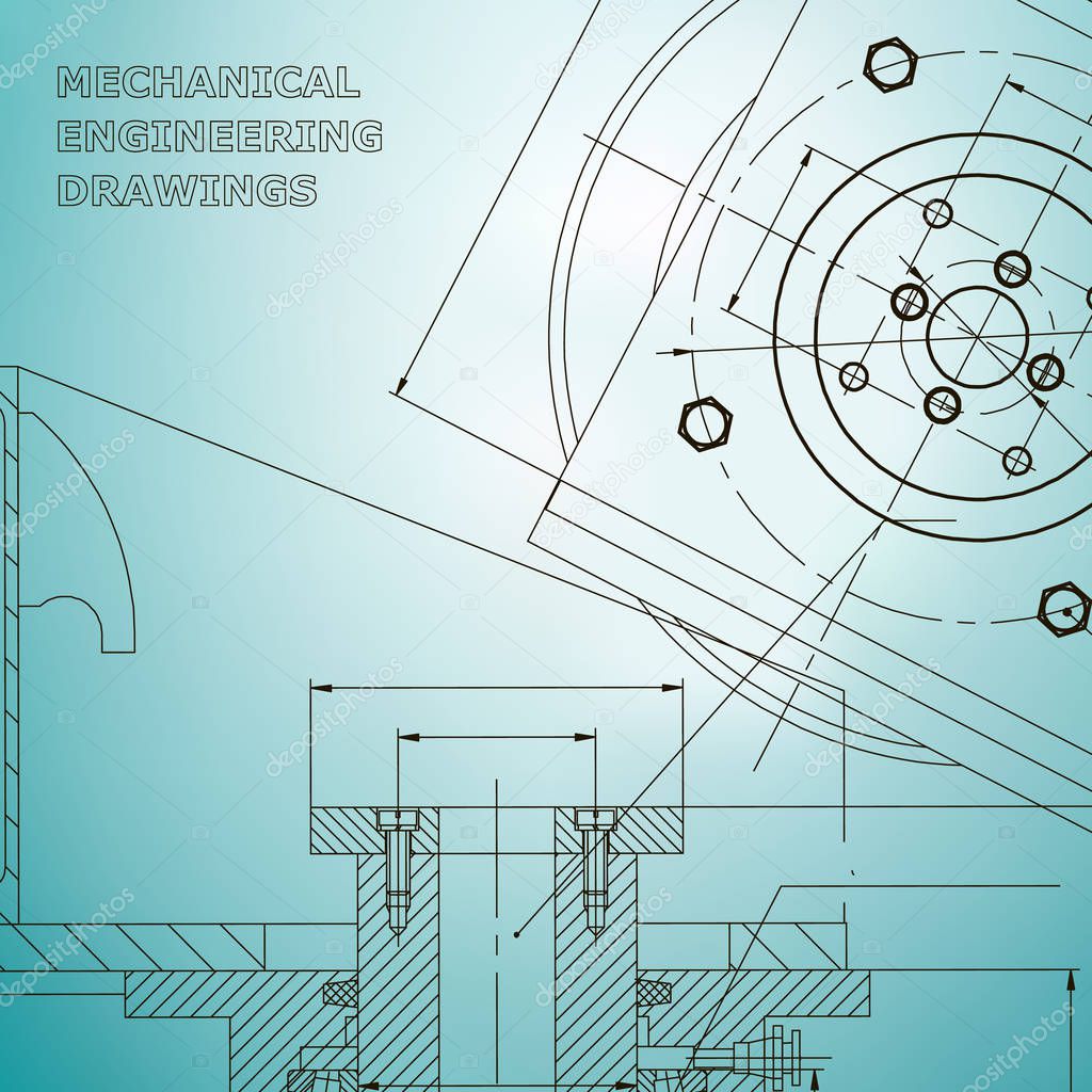 Mechanics. Technical design. Engineering style. Mechanical instrument making. Cover, flyer. Light blue