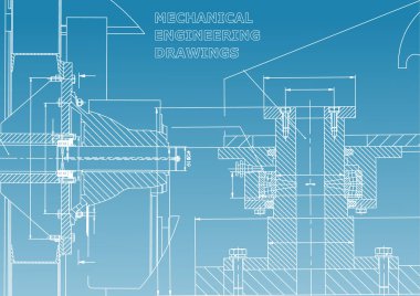 Teknik resimde. Makine Mühendisliği. Mühendislik konuların arka planlar. Teknik tasarım. Enstrüman yapımı. Kapak, banner. Mavi ve beyaz
