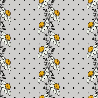 Çiçek sorunsuz arka plan. Papatya çayı. Dal, yaprak. Arka planda polka noktaları. Açık gri renkli