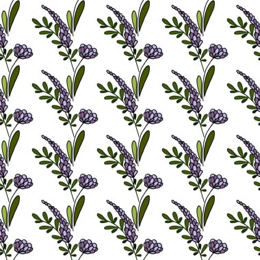 Çiçek seamless modeli. Lila önümüzdeki. Lavanta. Çizgili çiçek beyaz zemin üzerinde. Arka planda lekeli