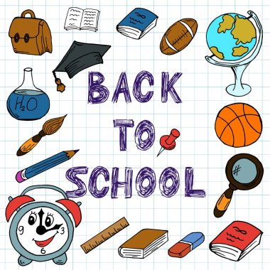 Okula dönüş. Not Defteri sayfa üzerinde çizim. Okul öğeleri. El çizimi