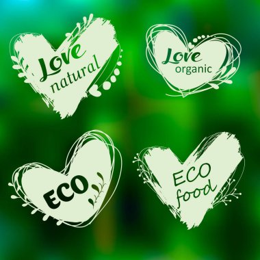 Logo doodle. Organik seviyorum. Ambalaj, reklam Restoranlar, vektör Illustration menü için. Logolar, ikonlar, tasarım öğeleri kümesi. Doğal gıda, organik