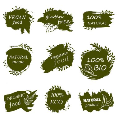 Doodle logos. I love organic. Vector illustration for menu of restaurants, packaging, advertising. Set of logos clipart