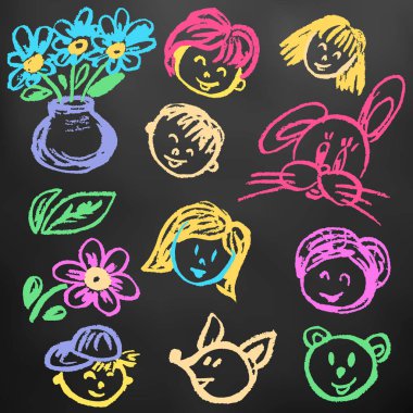 Çocuk çizimleri. Kartpostallar, arka planlar, ambalaj tasarım öğeleri. Bir kara tahta üzerinde renk tebeşir. Kişi, çocuklar, tavşan, ayı, fox, çiçekler