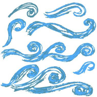 Yaratıcılık için öğeleri ayarlayın. Çocuk çizimleri beyaz bir arka plan üzerinde mum boya kalemi. Dalgalar