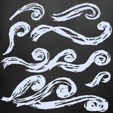 Yaratıcılık için öğeleri ayarlayın. Çocuk çizimleri ile siyah bir zemin üzerine beyaz tebeşir. Dalgalar