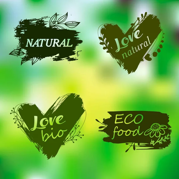 Doodle logos. I love organic. Vector illustration for menu of restaurants, packaging, advertising. Set of logos, icons, design elements. Natural food, organic food, veggie food. Healthy food label