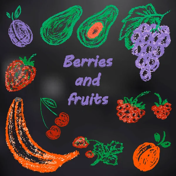 Dessin Enfant Craie Sur Tableau Noir Beaux Fruits Brillants Savoureux — Image vectorielle