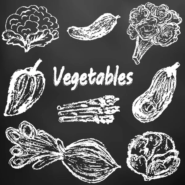 Dessin Enfant Craie Blanche Sur Tableau Noir Légumes Savoureux Des — Image vectorielle