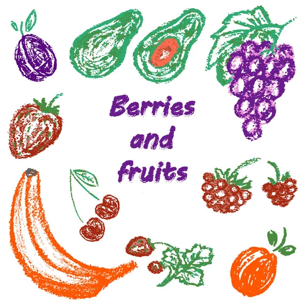 Dibujo Infantil Crayones Colores Hermosas Frutas Brillantes Sabroso Saludable Ciruela — Archivo Imágenes Vectoriales