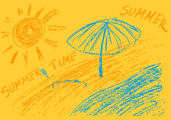 Kinder Tekening Gekleurde Krijtjes Zomer Stemming Zee Strand Zon — Stockvector