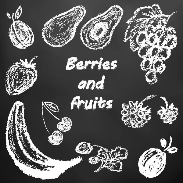 Children's drawing of white chalk on a black board. Bright beautiful fruits. Tasty and healthy. Plum, avocado, grapes, raspberries, strawberries, cherries, strawberries, banana, apricots