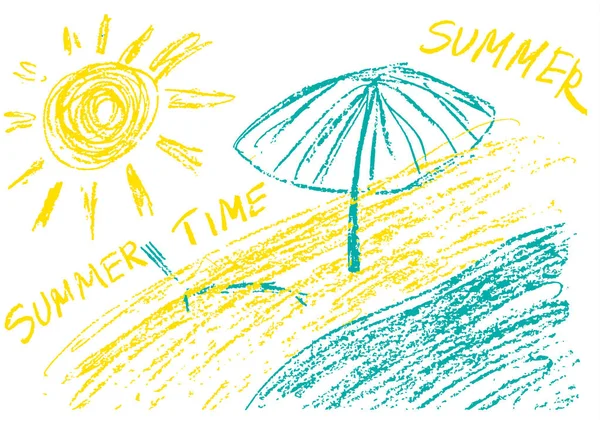 Dibujo Infantil Con Lápices Cera Colores Humor Verano Mar Playa — Vector de stock