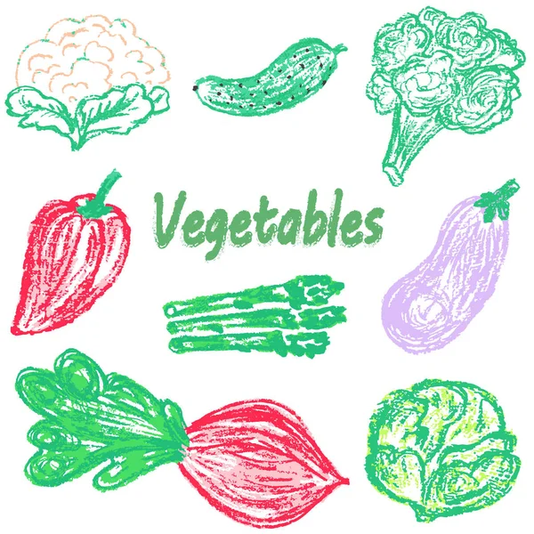 Dessin Pour Enfants Avec Des Crayons Cire Colorés Légumes Savoureux — Image vectorielle