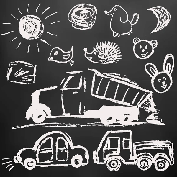 Children Drawings Elements Design Postcards Backgrounds Packaging Chalk Blackboard Truck — Stock Vector