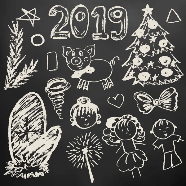 Yeni yıl 2019. Yeni yıl için yaratıcılığınızı öğeleri kümesi. Çocuk çizimleri ile siyah bir zemin üzerine beyaz tebeşir. Noel ağacı, mitten, 2019, domuz, çocuk