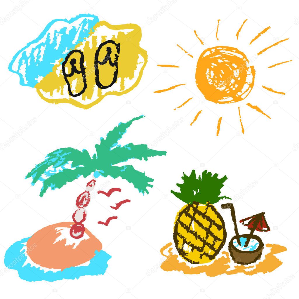 Children's drawing with colored wax crayons. Design elements of packaging, postcards, wraps, covers. Sweet children's creativity. Beach, sea, slippers, sun, palm, seagull, pineapple, coconut, cocktail
