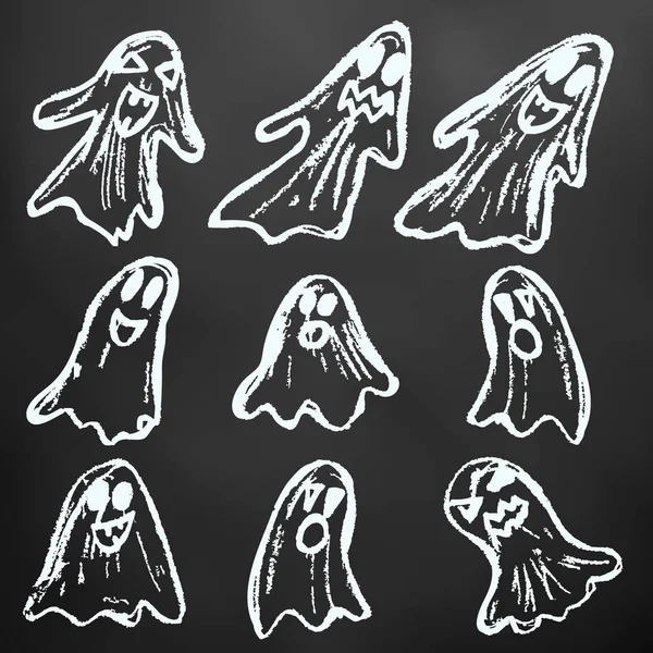 Halloween Set Ghosts White Chalk Blackboard Collection Funny Faces Autumn — Stock Vector