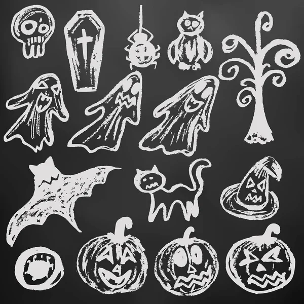 Halloween Zestaw Obiektów Śmieszne Biała Kredą Tablicy Kolekcja Elementów Uroczysty — Wektor stockowy