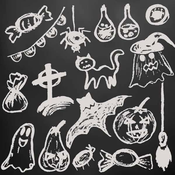 Halloween Vicces Objektumok Halmaza Fehér Krétával Egy Táblára Ünnepi Elemek — Stock Vector