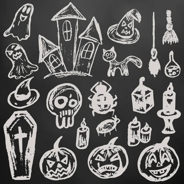Halloween Zestaw Obiektów Śmieszne Biała Kredą Tablicy Kolekcja Elementów Uroczysty — Wektor stockowy