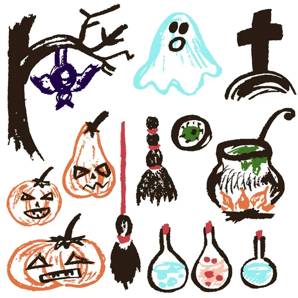 Halloween Sada Funny Objektů Vektorové Ilustrace Kolekce Prvků Slavnostní Podzimní — Stockový vektor