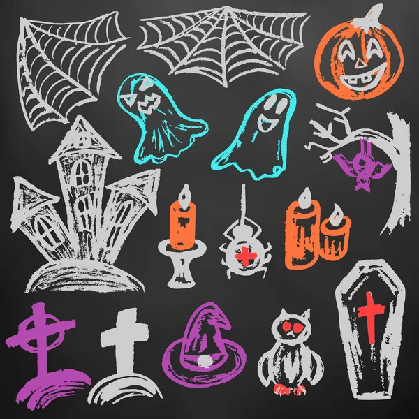 Halloween Conjunto Objetos Divertidos Tiza Color Una Pizarra Colección Elementos — Vector de stock