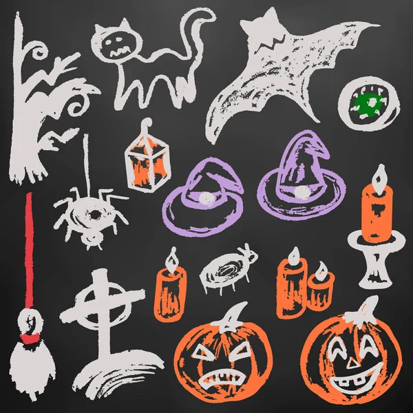Halloween Ensemble Objets Drôles Craie Couleur Sur Tableau Noir Collection — Image vectorielle