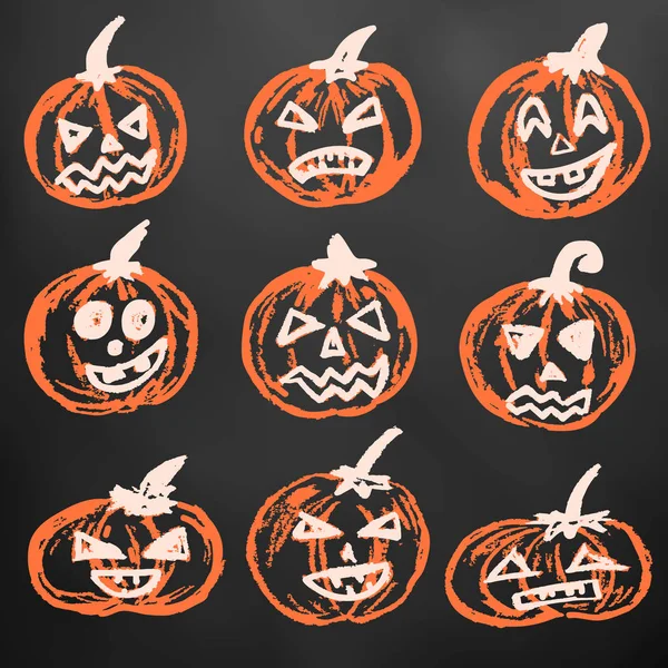 Halloween Conjunto Calabazas Festivas Tiza Color Una Pizarra Una Colección — Vector de stock