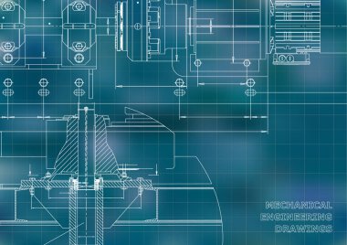 Makine mühendisliği çizimleri. Teknik Tasarım. Mühendislik geçmişi. Ayrıntılı planlar. Mavi arka plan. Izgara