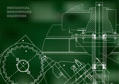 Planları. Mekanik çizimler. Mühendislik illüstrasyonlar. Teknik tasarım. Afiş. Yeşil arka plan. Kılavuz