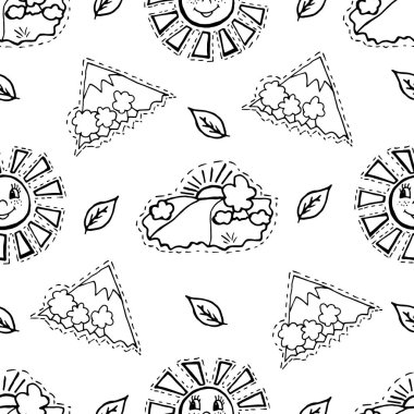 Çocuklar, karikatür seamless modeli. Tekstil, çizgi film arka plan. Güneş, yaprakları, dağlar, ağaçlar, nehir, doğa