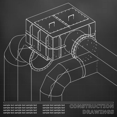 Çelik yapılar çizimlerinin. Borular ve boru. 3D planı çelik yapıları. Siyah arka plan. Kılavuz