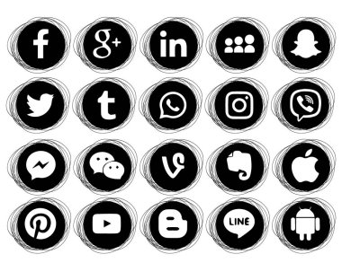 Beyaz bir arka plan üzerinde popüler sosyal medya simgeler koleksiyonu. Yuvarlak doodle simgeler. Siyah