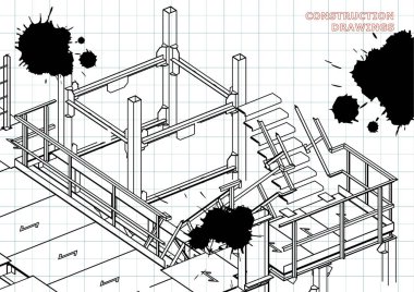 Bina. Metal konstrüksiyon. Hacimsel yapıları. Taslak. Siyah mürekkep. Lekesi