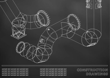 Çelik yapılar çizimlerinin. Borular ve boru. 3D planı çelik yapıları. Kapak, tasarımınız için arka plan. Siyah arka plan
