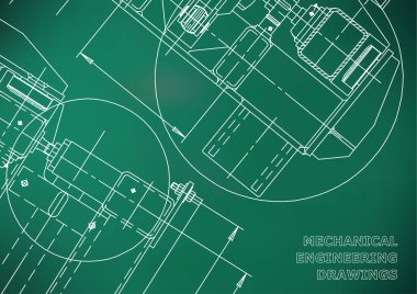 Makine Mühendisliği çizim. Planları. Mekanik. Kapak. Mühendislik tasarım araçları. Açık yeşil arka planı
