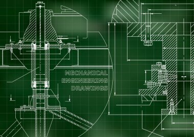 Makine Mühendisliği. Teknik resimde. Mühendislik konuların arka planlar. Teknik tasarım. Enstrüman yapımı. Kapak, banner. Yeşil arka plan. Kılavuz