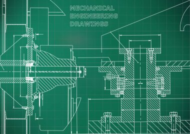 Teknik resimde. Makine Mühendisliği. Mühendislik konuların arka planlar. Teknik tasarım. Enstrüman yapımı. Kapak, banner. Açık yeşil renkli. Kılavuz