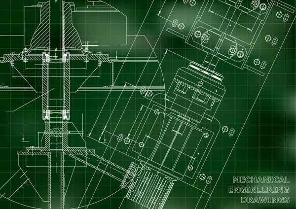 Maschinenbauzeichnungen Technisches Design Blaupausen Grüner Hintergrund Raster — Stockvektor